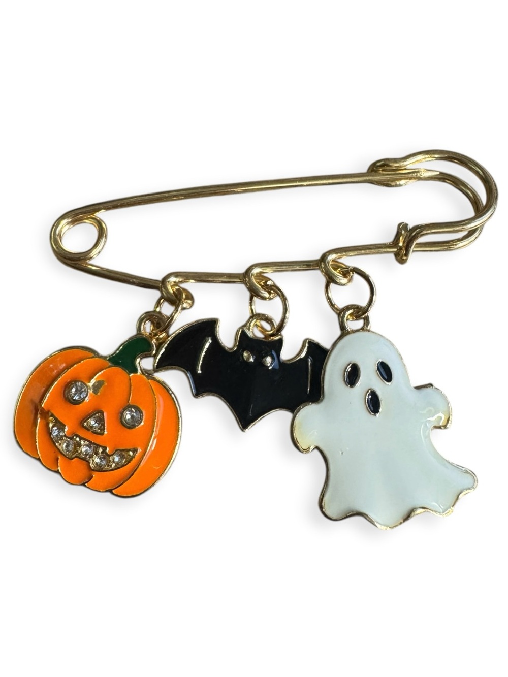 Halloween Charm Safety Pin Brooch - Orange Pumpkin, Black Bat & White Ghost
